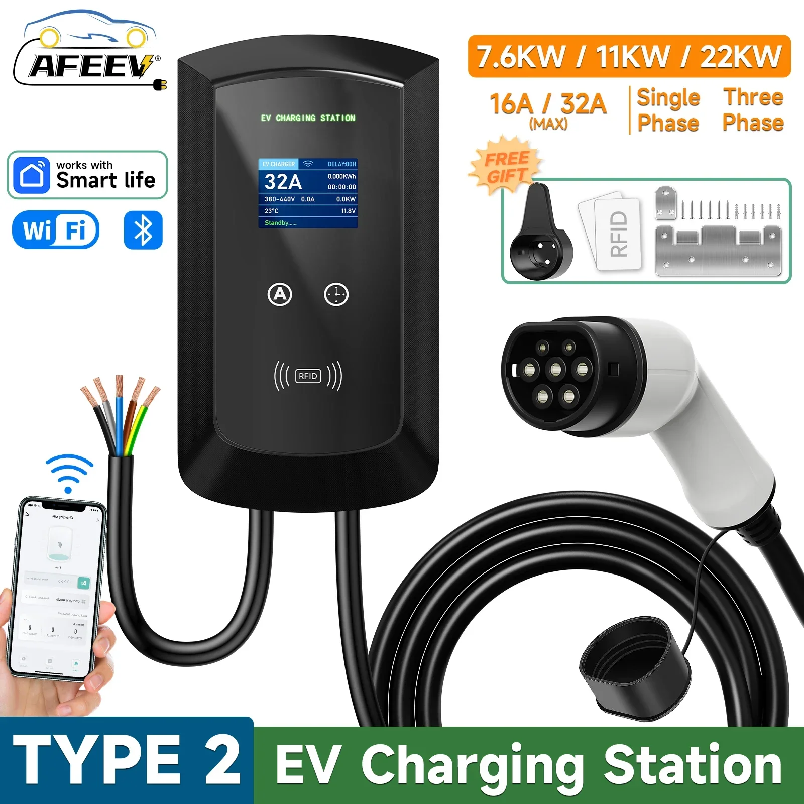 AFEEV 32A EV Charging Station 22KW 3Phase Type 2 Wall Mounted Charger Bluetooth APP Control IEC62196-2 EVSE 5m Cable