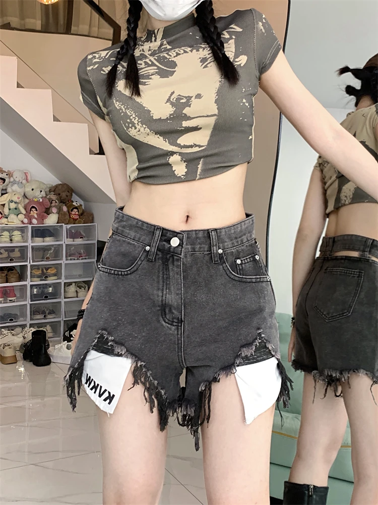 

Women's Hollow Out Design Holes Black Gray Denim Shorts Summer Irregular Mini Jeans Female Ragged Fringe Sexy Hot Pants