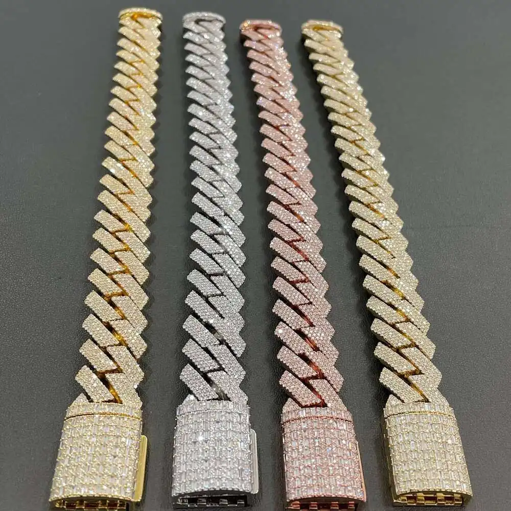 Luxury Hip Hop Rapper Jewelry 18mm Cuban Link Vs Moissanites 4rows Emerald Cut Moissanite Cuban Chain Link Bracelet.