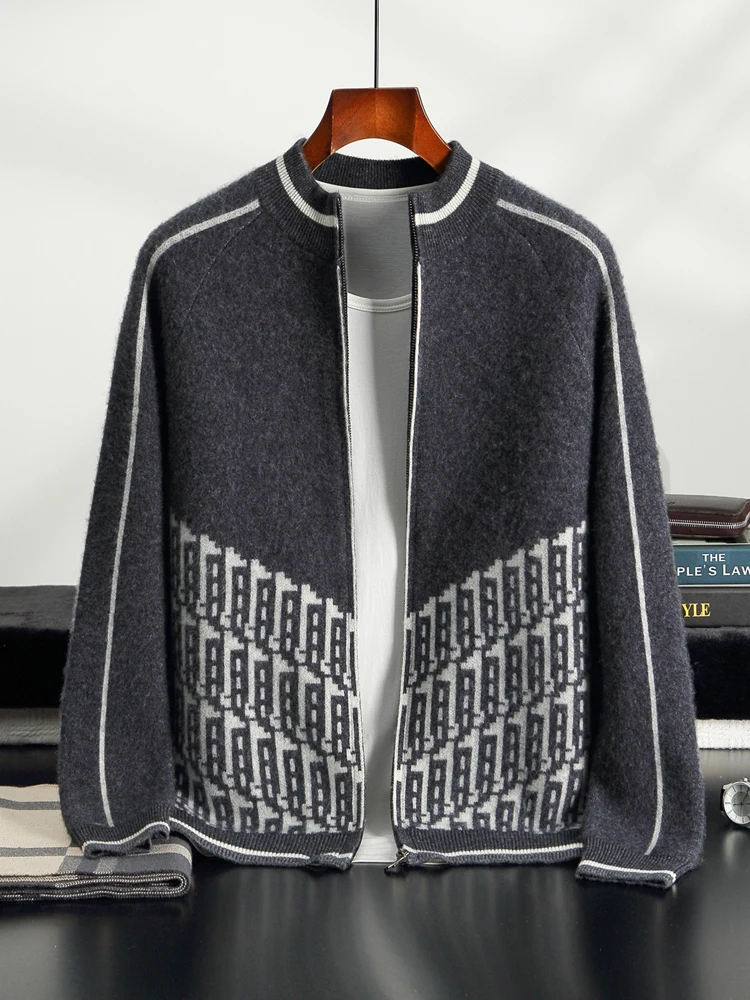 

Мужская одежда, толстый жаккардовый кардиган 12GG, осень-зима, 100% кашемировый свитер с воротником-стойкой, умный повседневный роскошный качественный трикотаж, топ