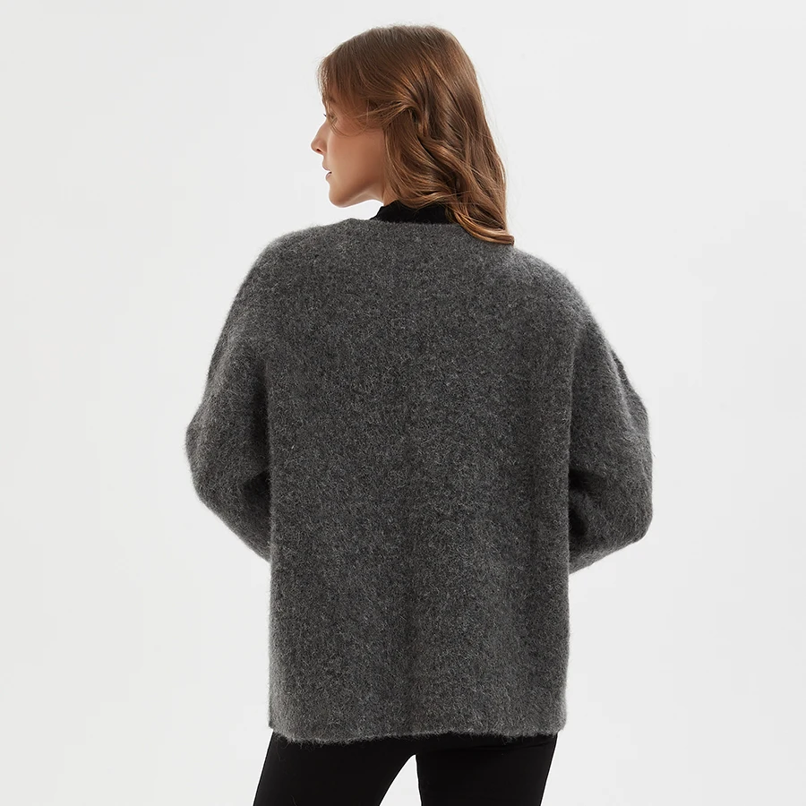 BAHTLEE-Women's Alpaca Sweater Cardigan, Long Sleeves, O-Neck, Thick Knitted , Single Breasted, Loose,Winter