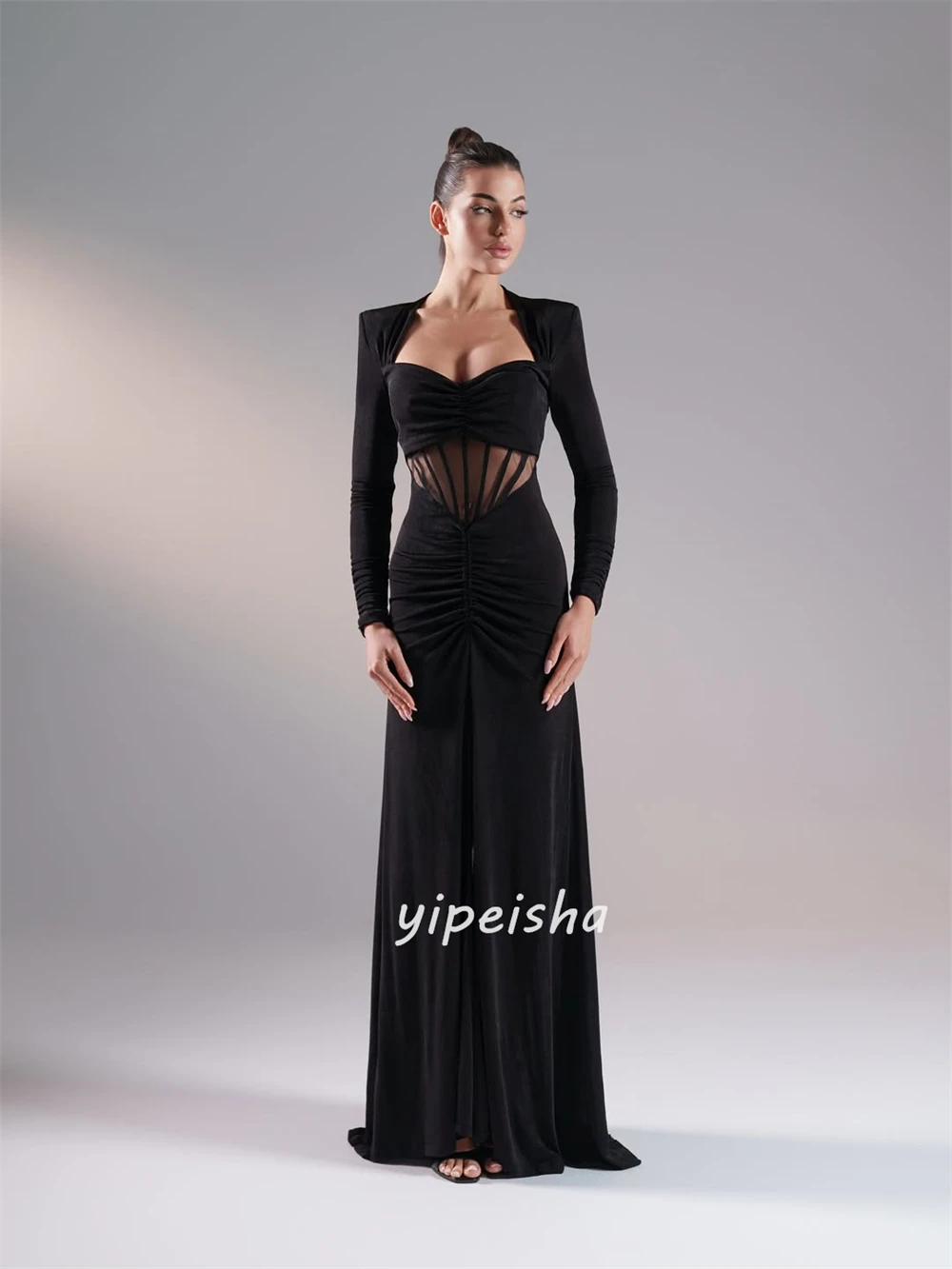 Customized Classic Simple Jersey Ruched Pleat Straight Square Neck Long Dresses Bespoke Occasion Dresses Modern Style Matching