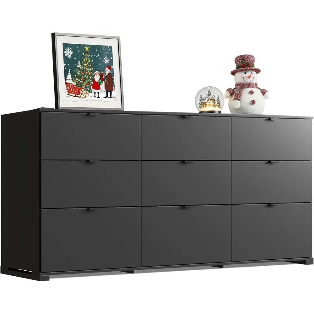 Cómoda grande de madera negra de 63 anchos para almacenamiento en dormitorio con asas de metal y toboganes con rodamientos de bolas