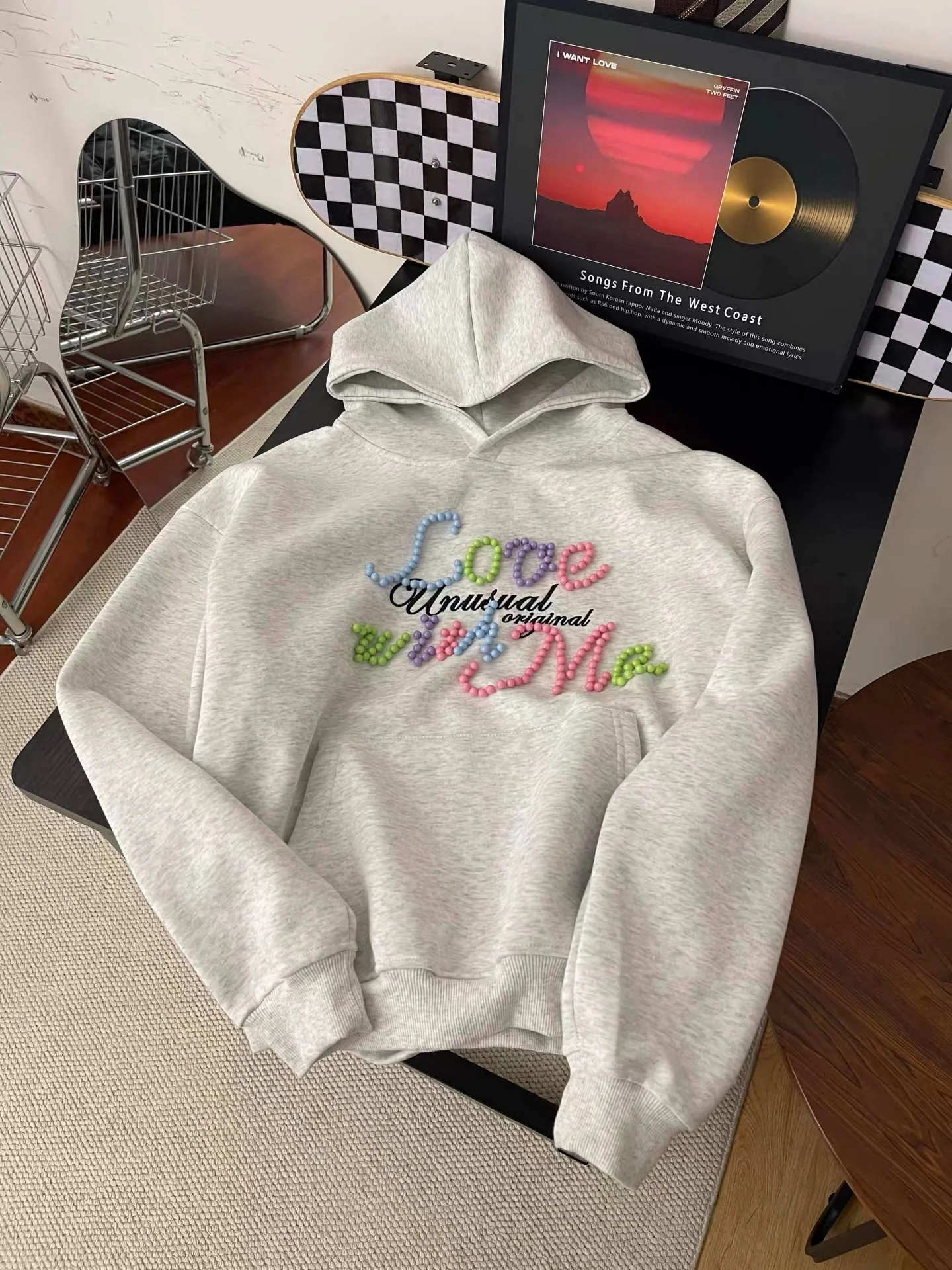 

Американский ретро-худи с бисерными буквами, женский, свободного кроя, осенне-зимняя верхняя одежда, повседневный комфортный хлопковый свитшот