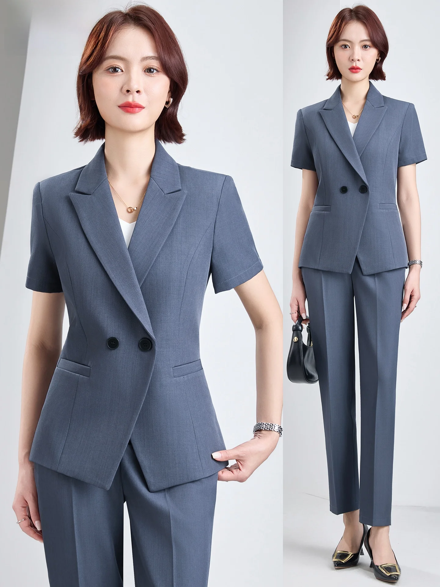 

Gray Short Sleeve Suit Set for Women Thin Summer Professional Hotel Manager Front Desk Work Uniform Standard Commute Style