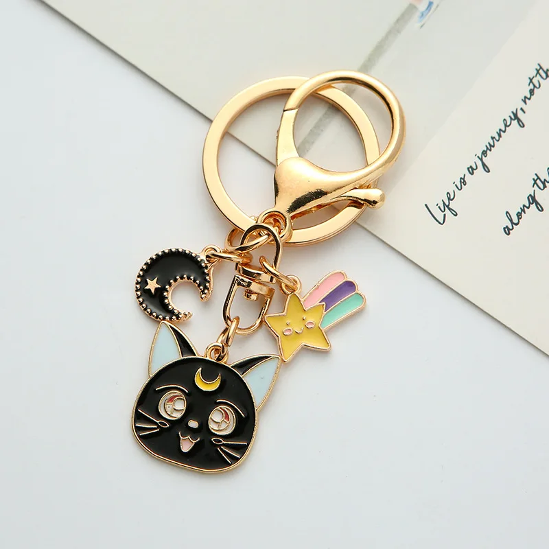 Cartoon Anime Cat Keychain Lucky Sailor Moon Enamel Metal Key Ring Holder Bag Charms Keyring Accessories For Women