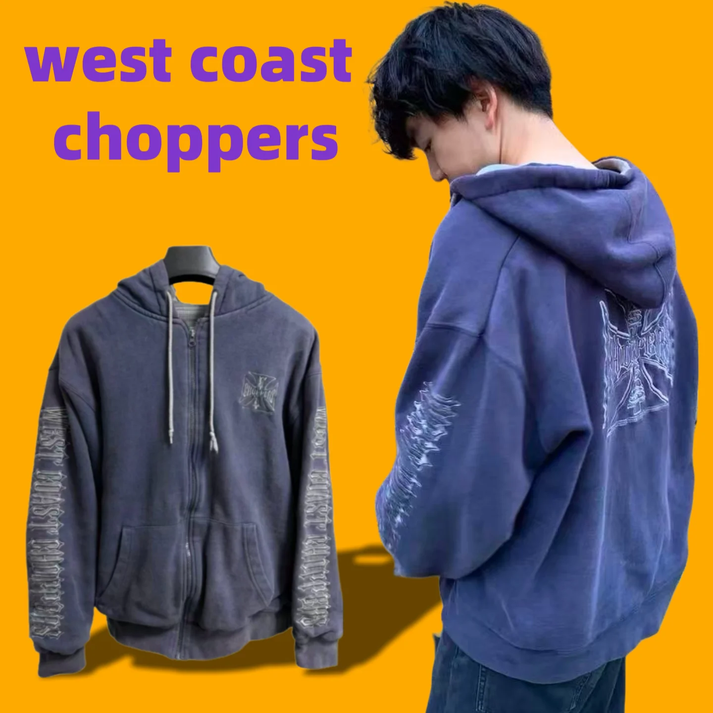 

West Coast Choppers American High Street Blue Embroidery Purple Washed Hoodie Sweatshirt Men's Casual Wear Warm Unisex Hooded
