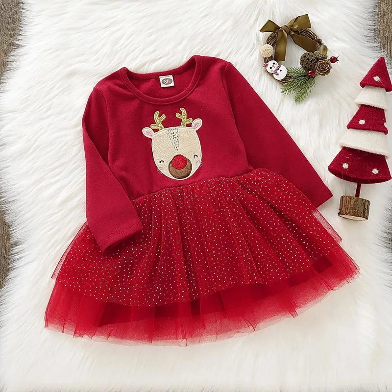 

Christmas Print Tutu Dress for 1-4Y Baby Girl O Neck Christmas Cartoon Deer Long Sleeve Shirt Tulle Dress Xmas Party Dresses