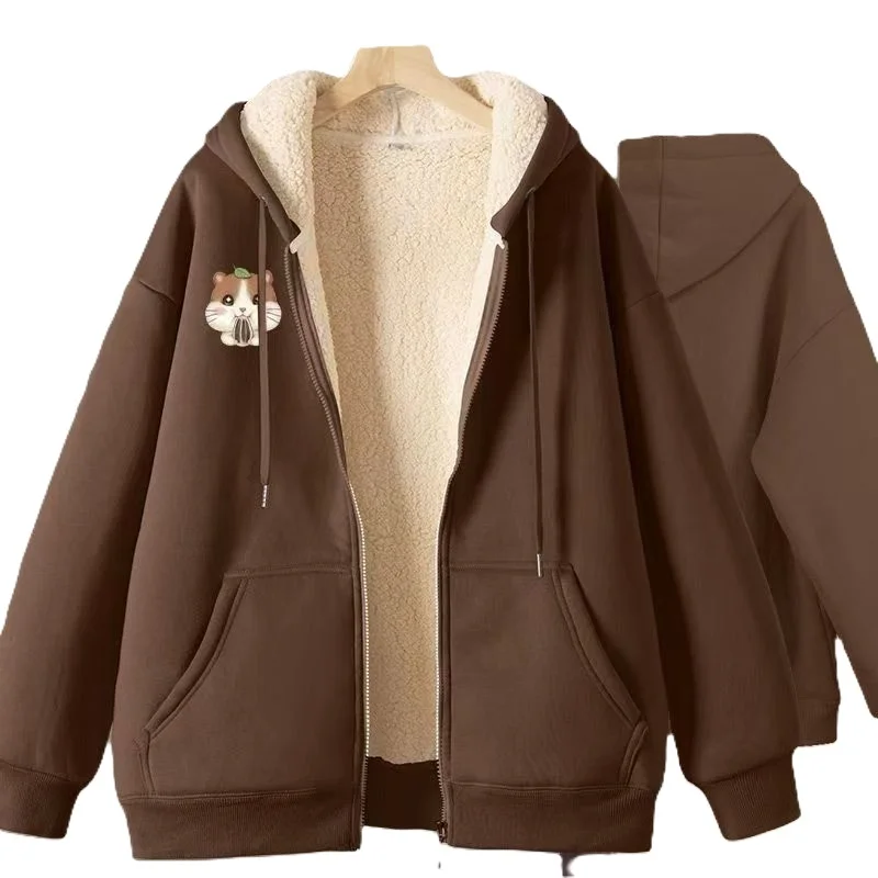 Brown Cardigan Cashmere Sweater 2024 Autumn And Winter New Fashion Explosions Plus Velvet Padded Coat Loose Hooded Cotton Jacket