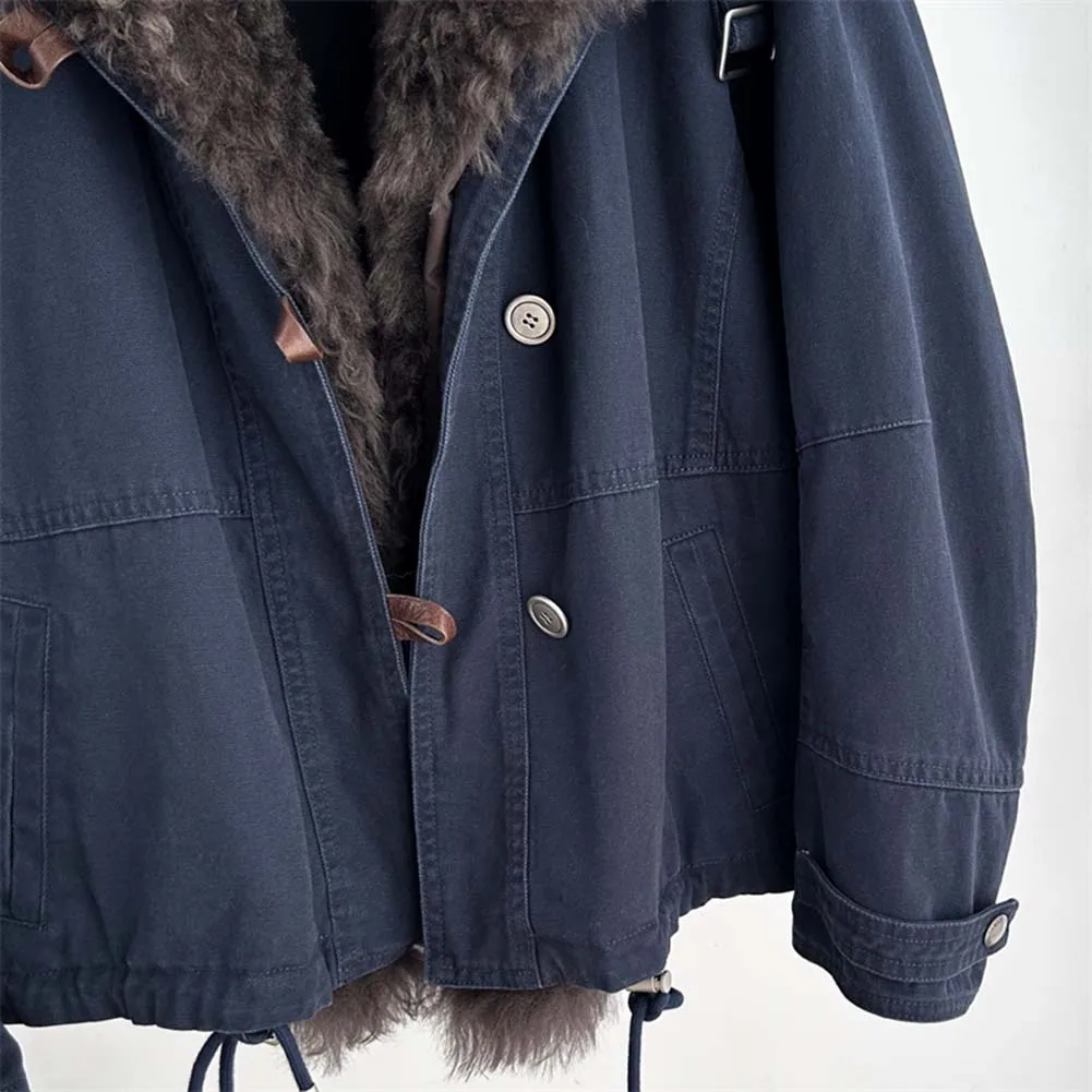 เสื้อแจ็คเก็ตขนห่านฤดูหนาวปี 2025 เสื้อคลุมกันหนาวผู้หญิงสุดหรู แจ็คเก็ตพาร์กาขนแกะเมอริโนแท้ ปกขนแกะแท้