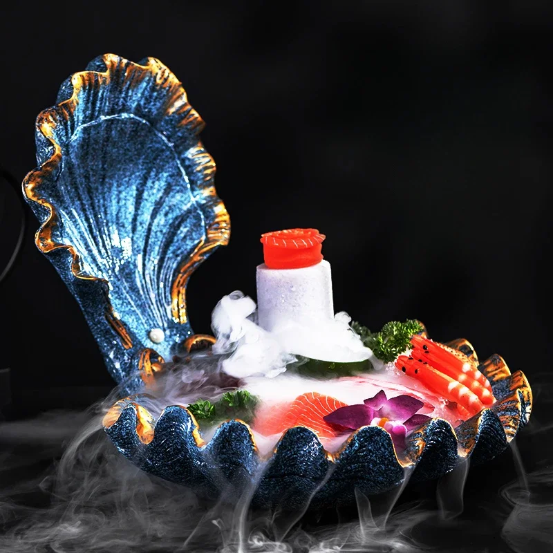 High End Shell Sashimi Plate Ice Plate Seafood Platter Salmon Sashimi Plate Dry Ice Artistic Conception Dish and Tableware