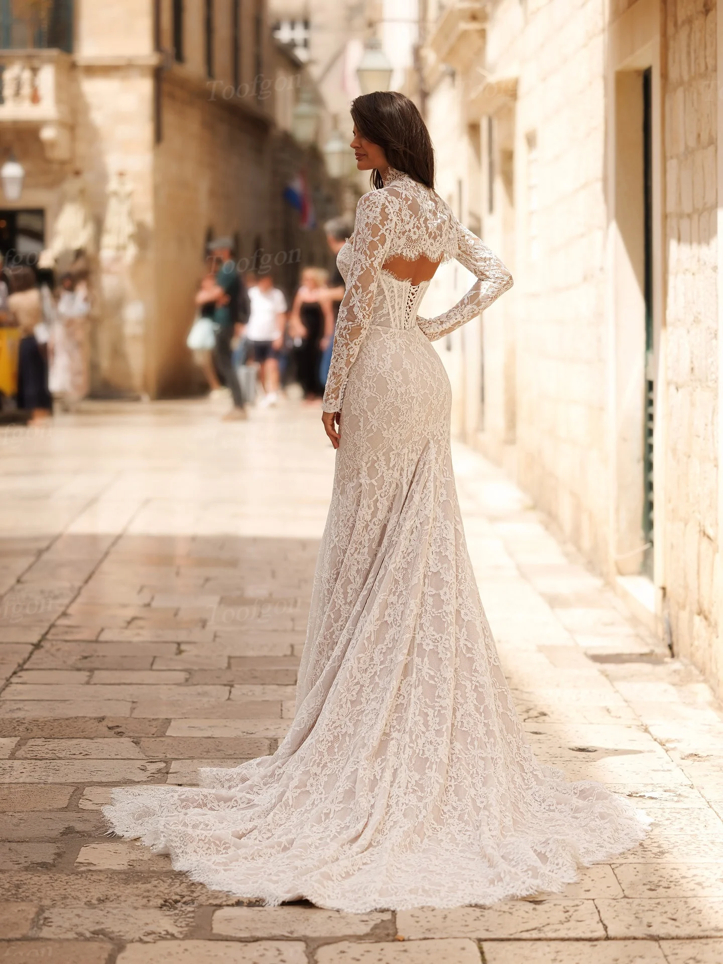Toofgon Abiti da sposa da sposa personalizzati a sirena in pizzo pieno con giacca maniche lunghe corsetto abiti da sposa abito da festa da donna