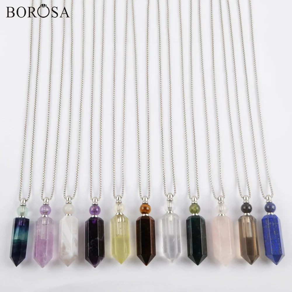 

BOROSA Minimalist Gems Stones Perfume Necklace for Women Essential Oil Bottle Silver Color Necklaces Diffuser Crystal Jewelry