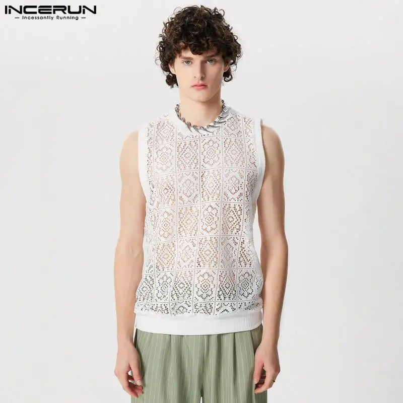 Fashion Well Fitting Tops INCERUN New Men\'s Tracery Perspective Design Vests Casual Sexy Thin Sleeveless O-neck Tank Tops S-5XL