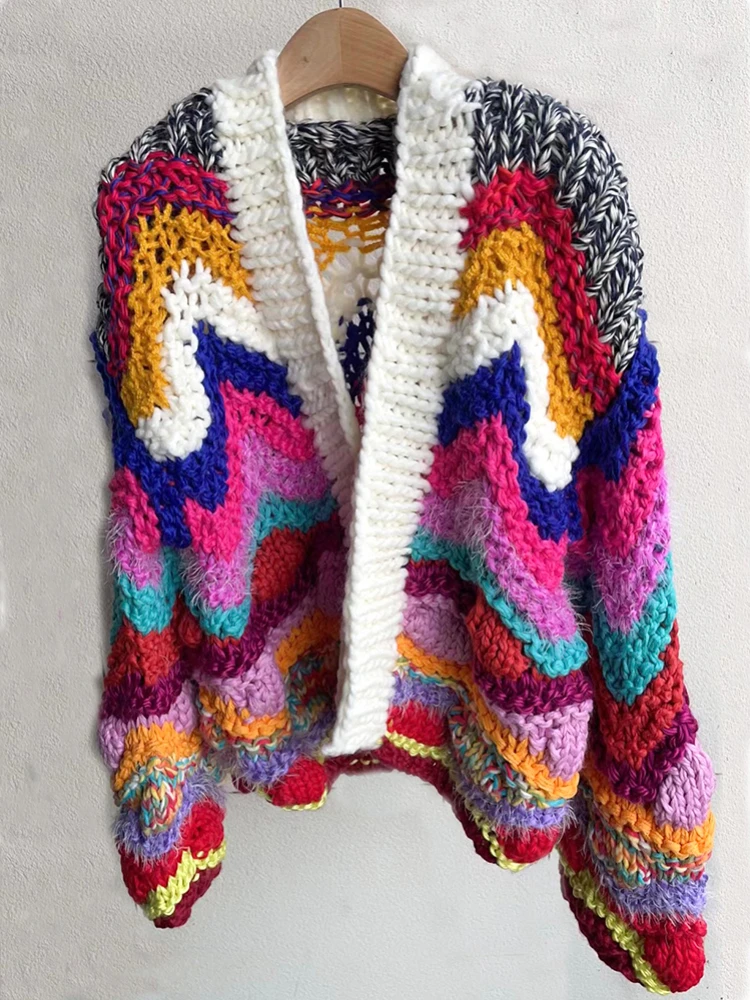 

Handmade Knit Cardigan Women Multi Color Chunky Sweater Rainbow Color Knitwear NIche Design