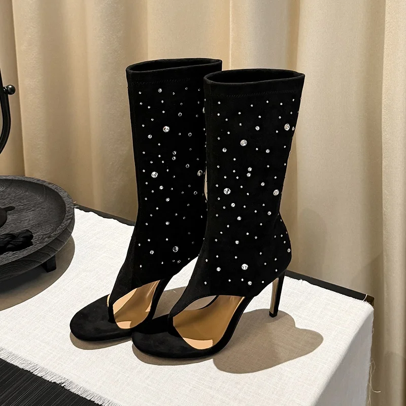 MKKHOU Women ThongToe MidCalf Boots RhinestoneEmbellished Suede Stretch Fabric Stiletto HighHeel PullOn Sandals Boots Women