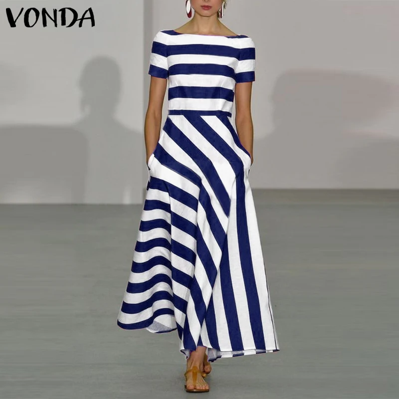 

Плюс размер 5XL VONDA 2025 женское платье в полоску свободное сексуальное с открытыми плечами с принтом элегантный повседневный вечерний сарафан с коротким рукавом Vestidos