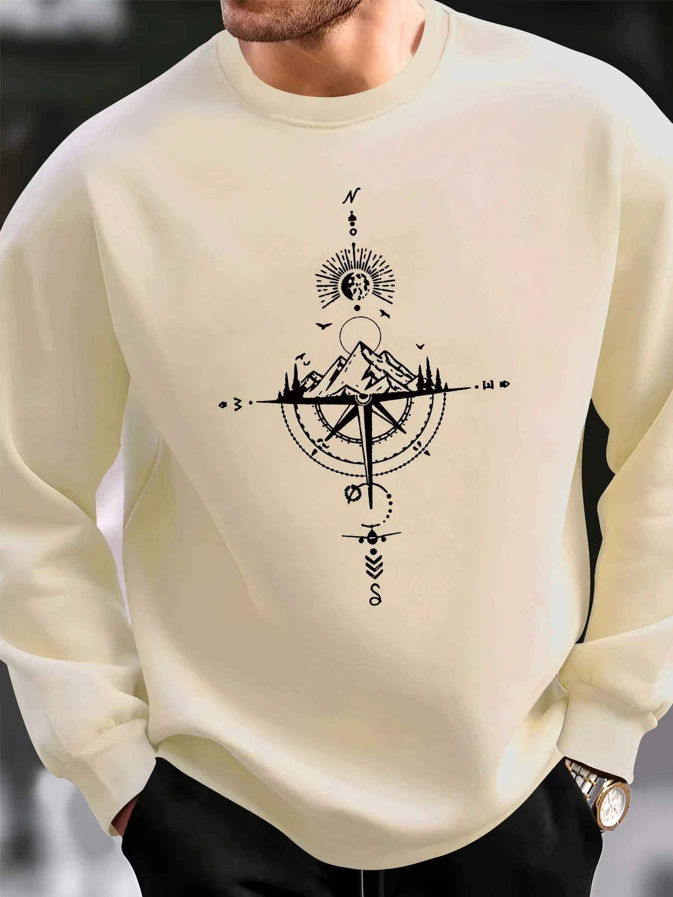 

Мужская осенне-зимняя повседневная свободная модная классическая спортивная одежда с компасом и горным узором с длинными рукавами и круглым вырезом
