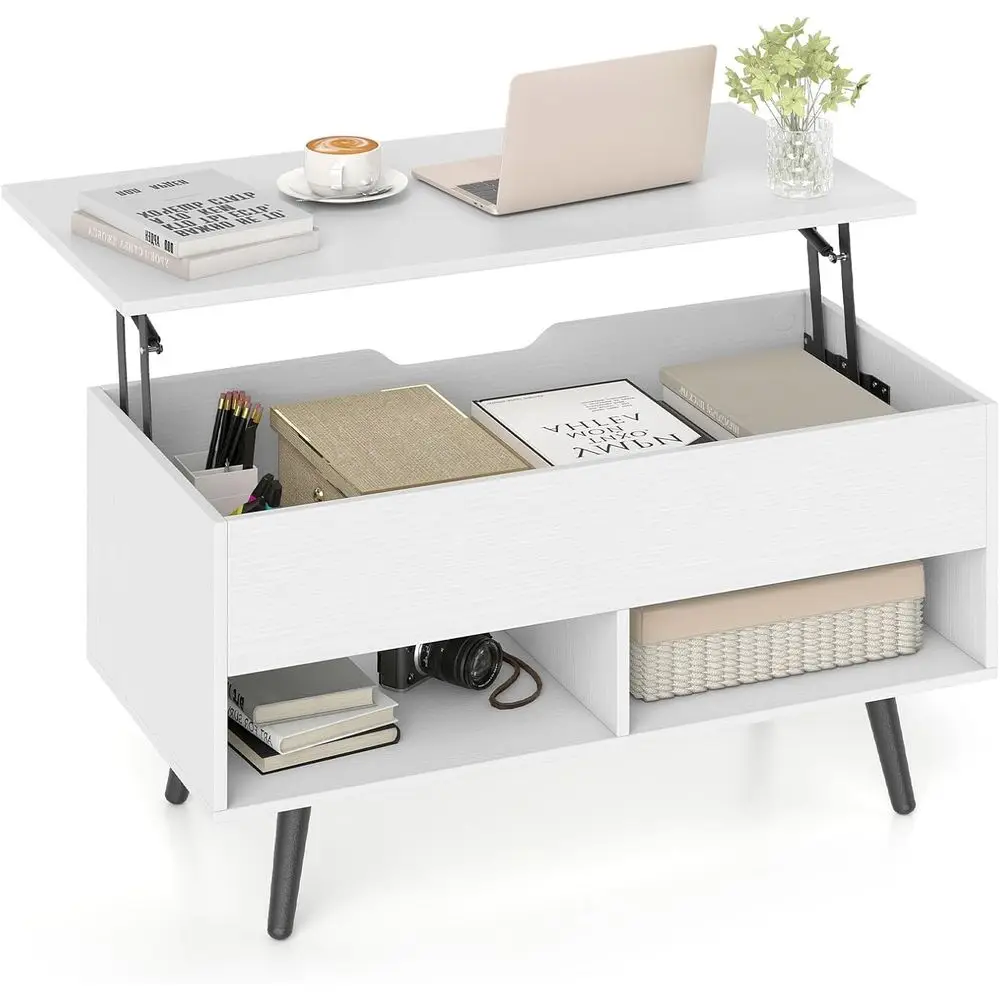 Lit Top Coffee Table, Cocktail Table w/Hidden Compartment & 2 Open Shelves, Lip Top Center Table, Wooden Pull-up Coffee Table fo