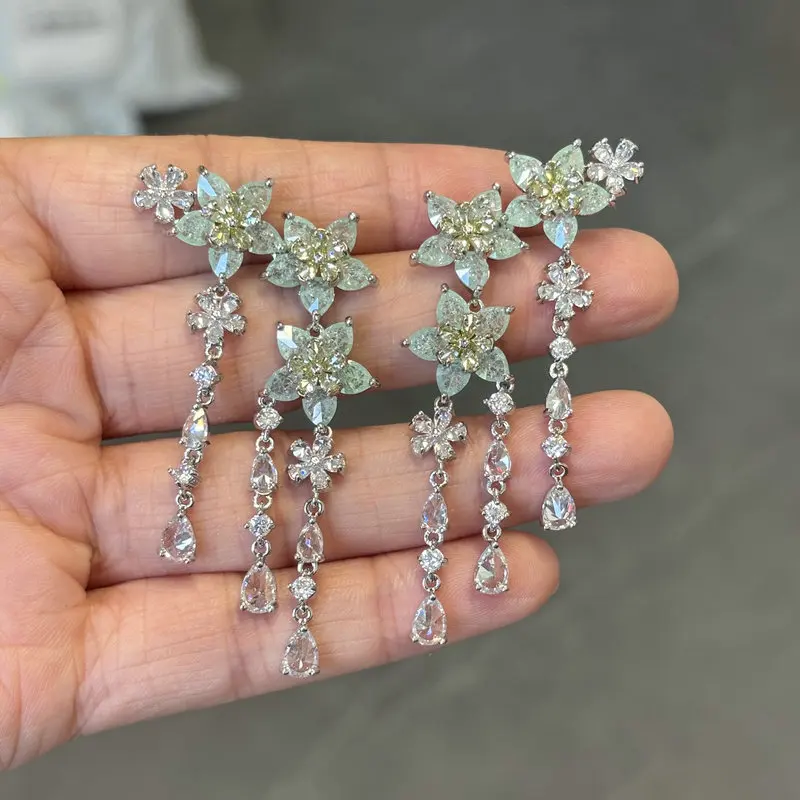 Bilincolor Cubic Zircon Small Green Flower Fahion Tassel Earring for Women Summer Jewelry