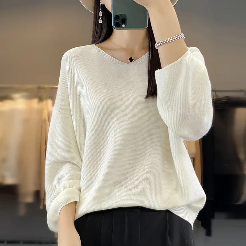 Autumn Winter Women Wool Blend Sweater Shoulder Drop V-neck Pullover Casual Knitted Loose Tops Female Soft Basis Sweater