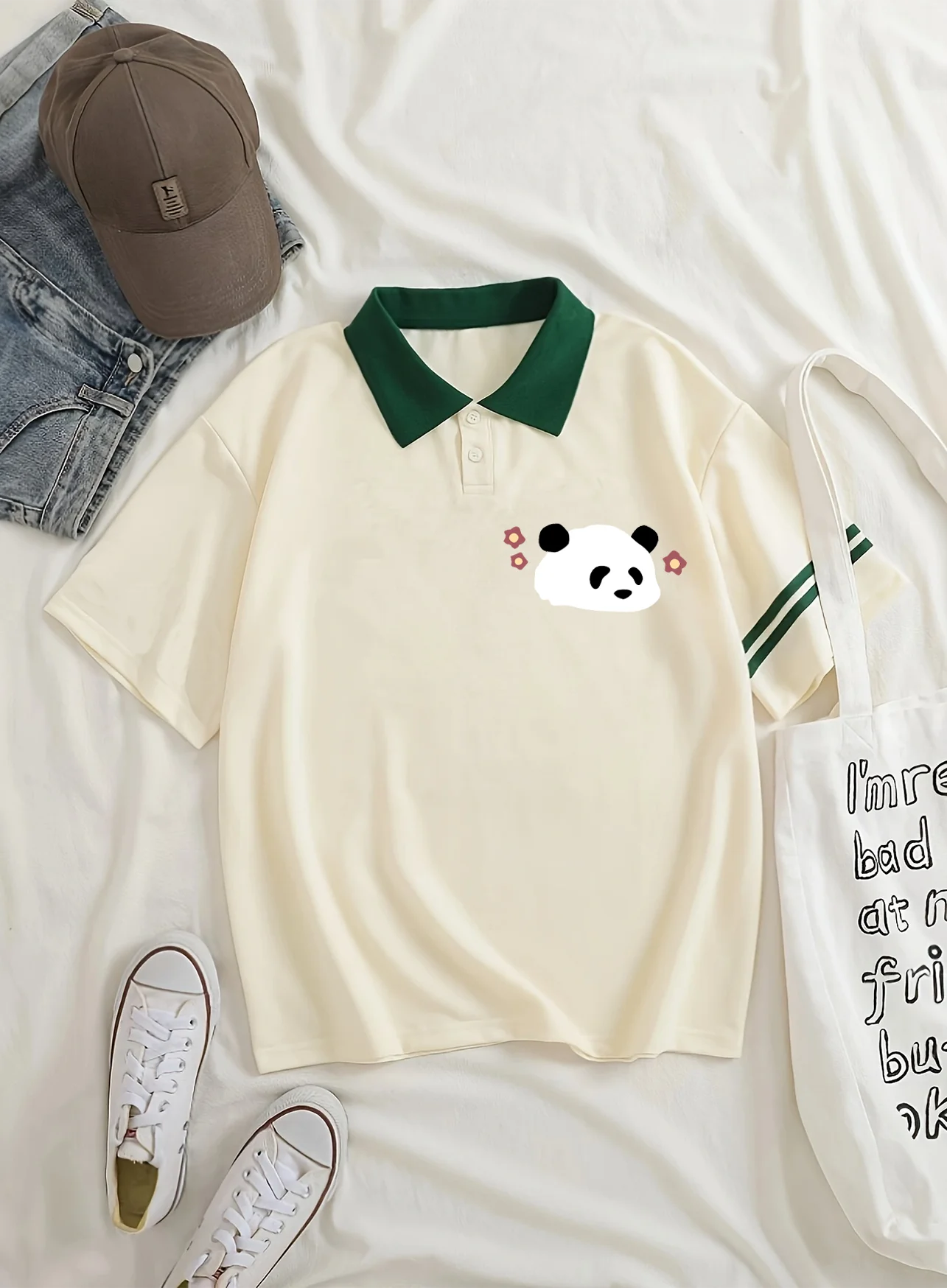 

Panda pattern print women's polo collar casual short sleeved fashionable and trendy women's summer