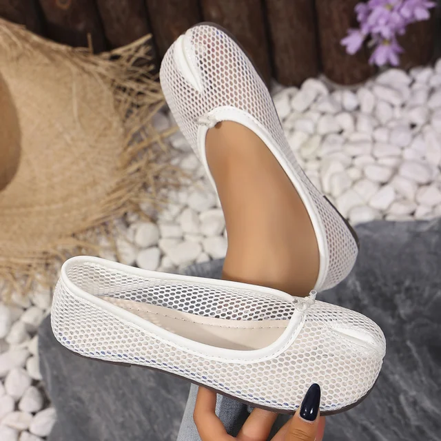 Women Mesh Flats Breathable Split Toe Ballet Shoes Minimalist Slip On Loafers Summer Vacation Casual Flat Footwear