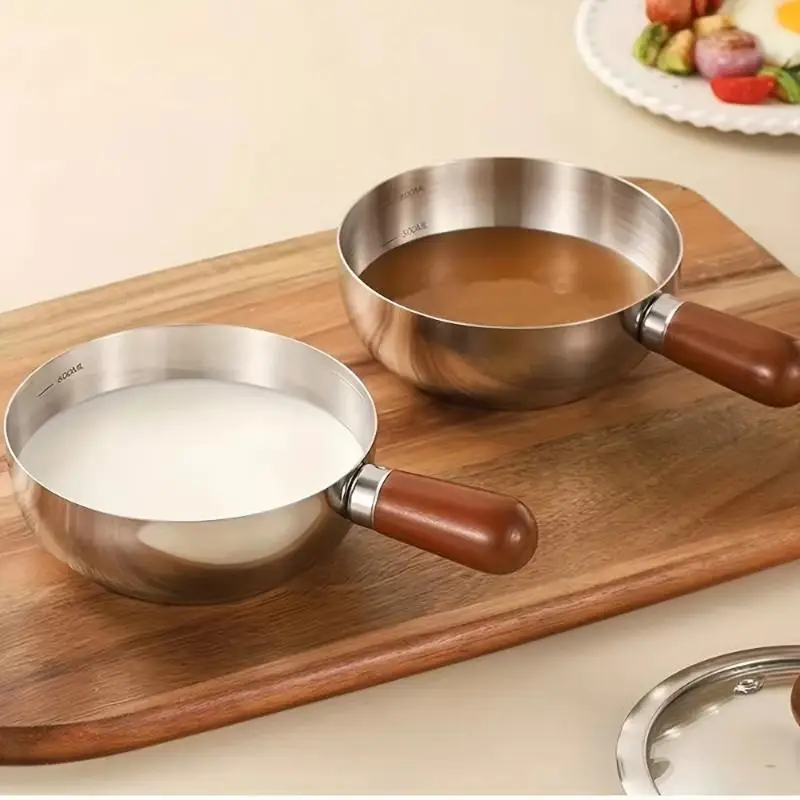 1Pcs Non-Slip Base Even Heat Distribution Milk Pot Stainless Steel Pot With Heat-Resistant Wooden Handle Induction Compatible