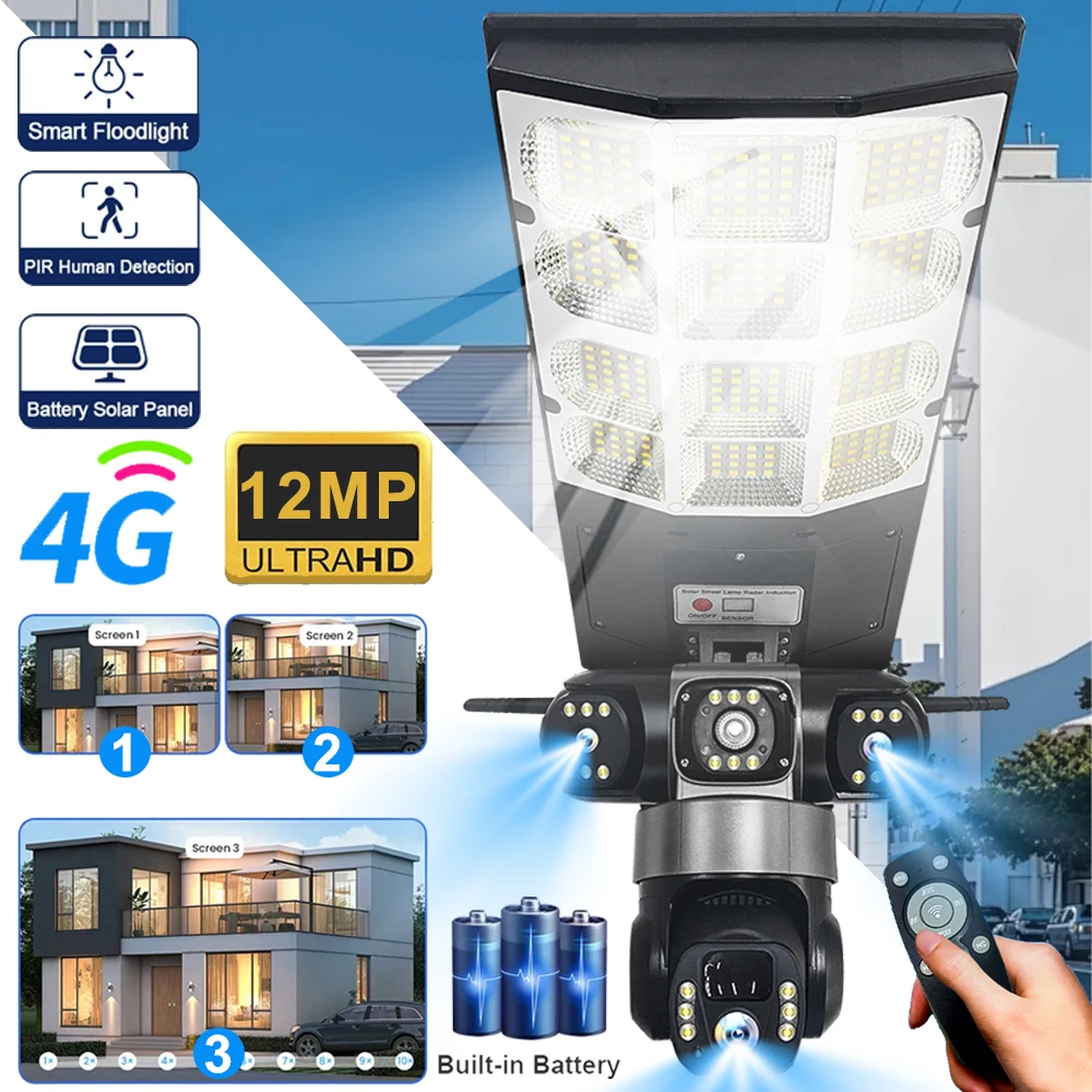V380 Pro 4G Solar Camera Street Light 2 in 1 Triple Lens Outdoor CCTV Battery Monitor PIR Human Detection With Remote Controller