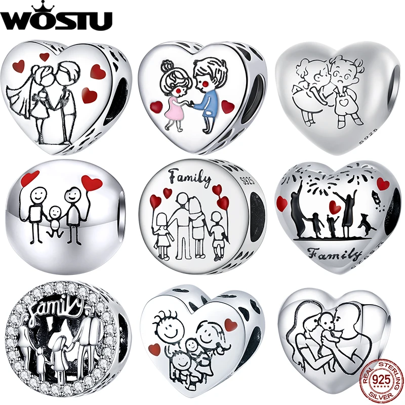 WOSTU, серебро 925 пробы, семейный Шарм, покрытый платиной, красное сердце, бусины, подходит для оригинального браслета, кулон для матери, сделай сам, ювелирное изделие