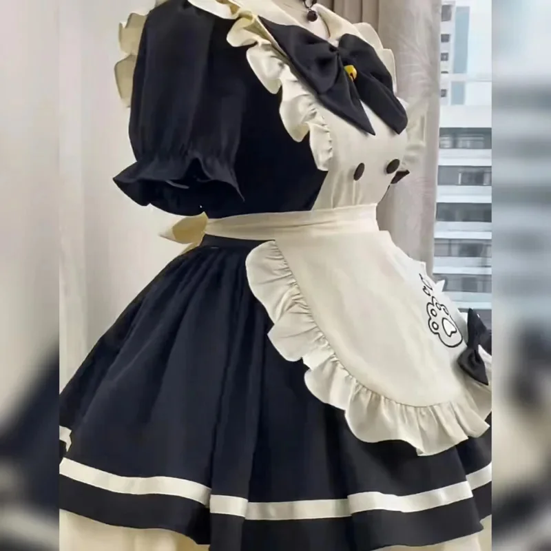 Robes de demoiselle d'honneur avec nœud Kawaii Lolita, avec tablier imprimé patte, tenue de Cosplay douce de Style japonais pour fille, Costume Anime doux à manches courtes, nouveau
