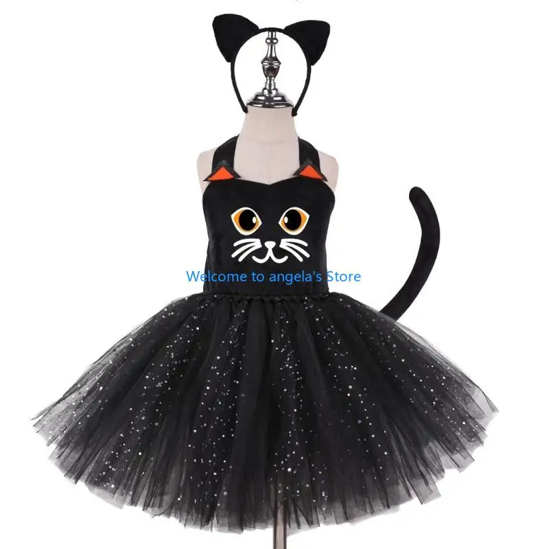 X4YC Động Vật Mèo Phụ Kiện Trang Phục với Mèo Đầu Tutus Đầm cho Bé Gái Halloween Cosplay Đạo Cụ