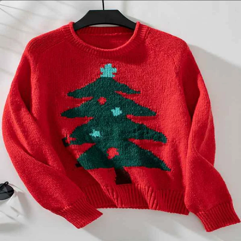 Рождественские свитера для женщин, свитер с круглым вырезом, пуловеры с длинными рукавами, рождественская праздничная одежда