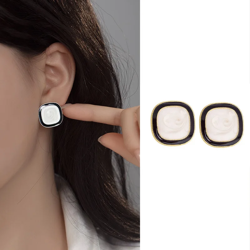 PONYKISS Silver Color Square Enamel Stud Earrings for Women Minimalist Trendy Fashion Jewelry Geometric Accessories