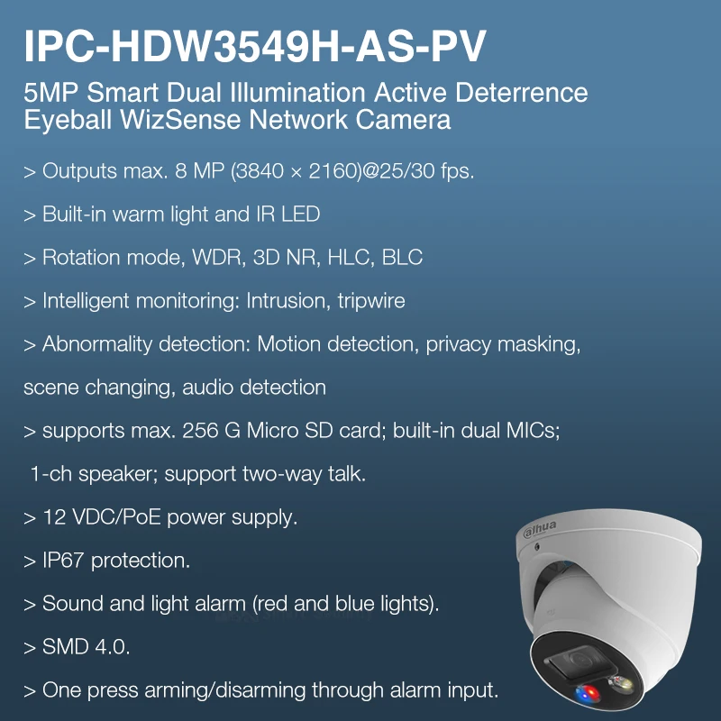 Imagem -02 - Dahua-smart Sound Light Alarm Câmera Microfone a Cores Perímetro Cctv Proteção de Segurança Ipc-hdw3549h-as-pv Tioc Smd4.0 5mp