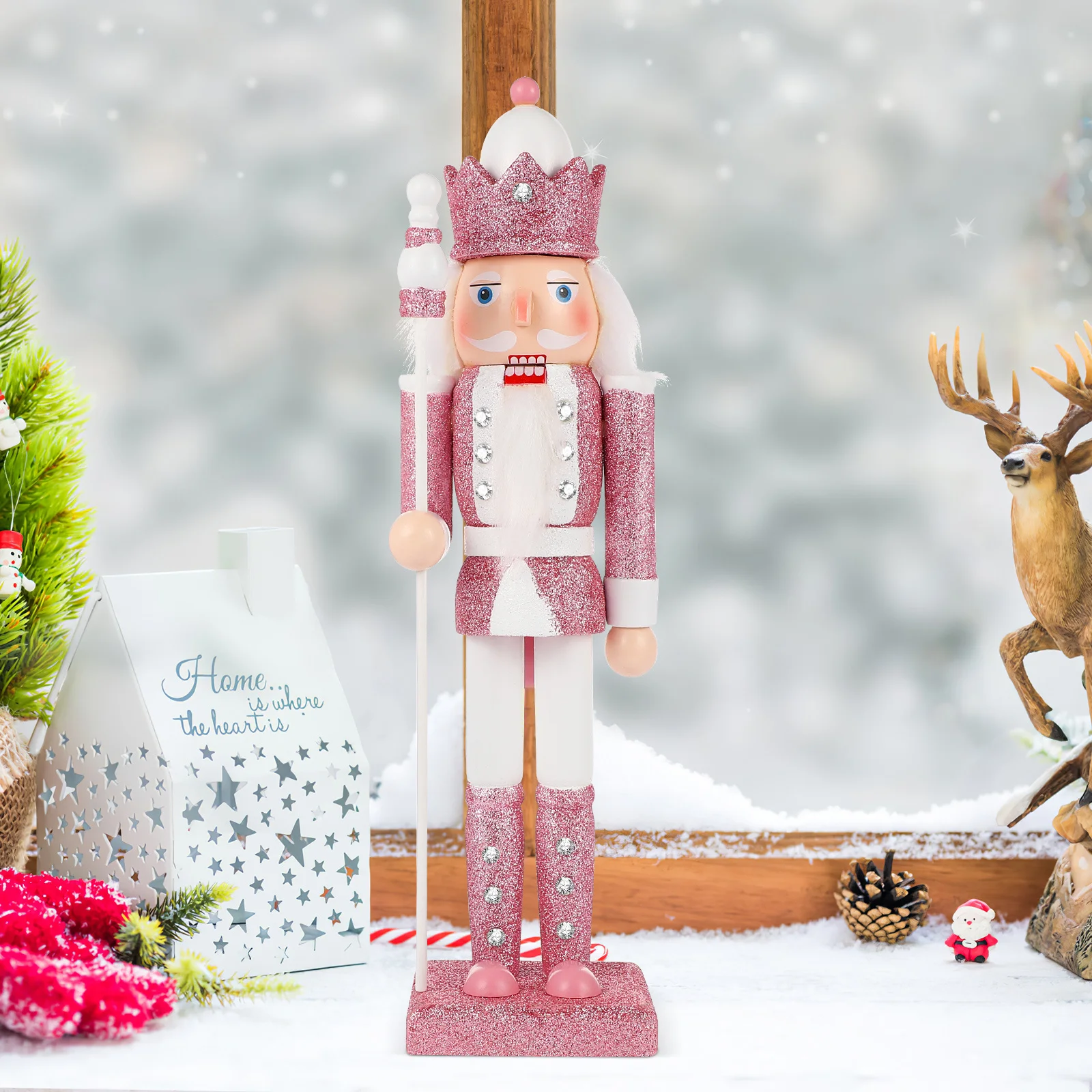 

Wooden Nutcracker Figure Pink Glitter Holiday Decor Classic Christmas Soldier Ornament Home Party Decoration Gift