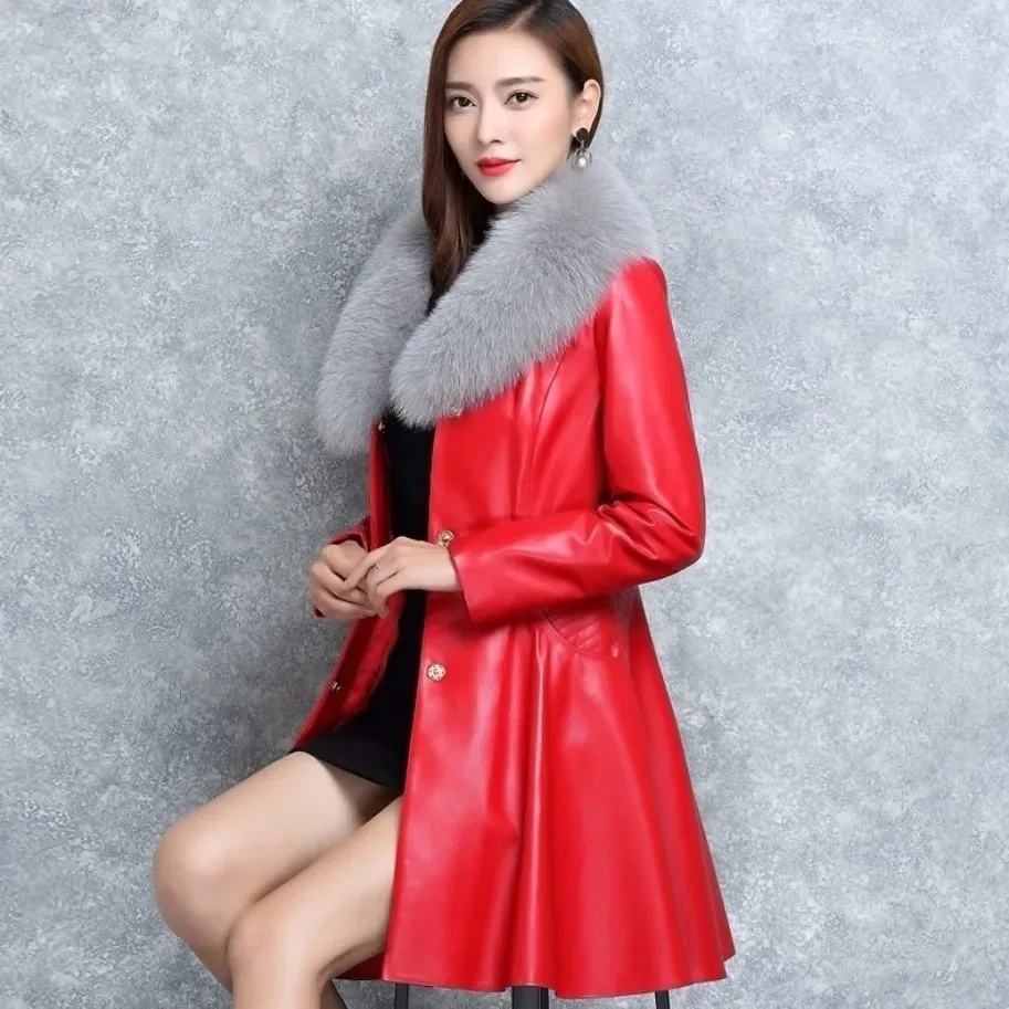 6XL 7XL Women Leather Jacket Autumn Winter Mid-length Fox Fur Collar Leather Coat Large Size Female Add Cotton Winter Overcoat