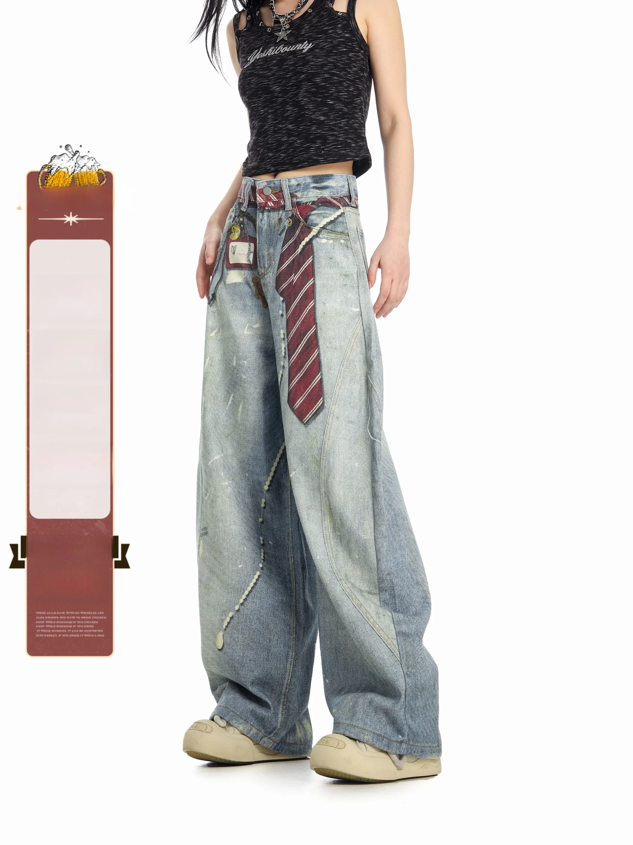 

Ретро-джинсы Americanbeer Captain C с принтом и широкими штанинами, свободного кроя, женские, дизайнерские, модные, синие, деним, размер L, на талии