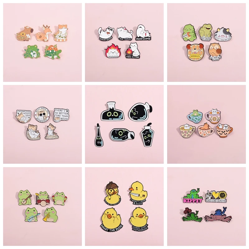 2-6 Pcs/Set Fun Animals Collection Enamel Pins Kawaii Frog Duck Cat Crow Brooches Lapel Badges Jewelry Gift For Kid Friends