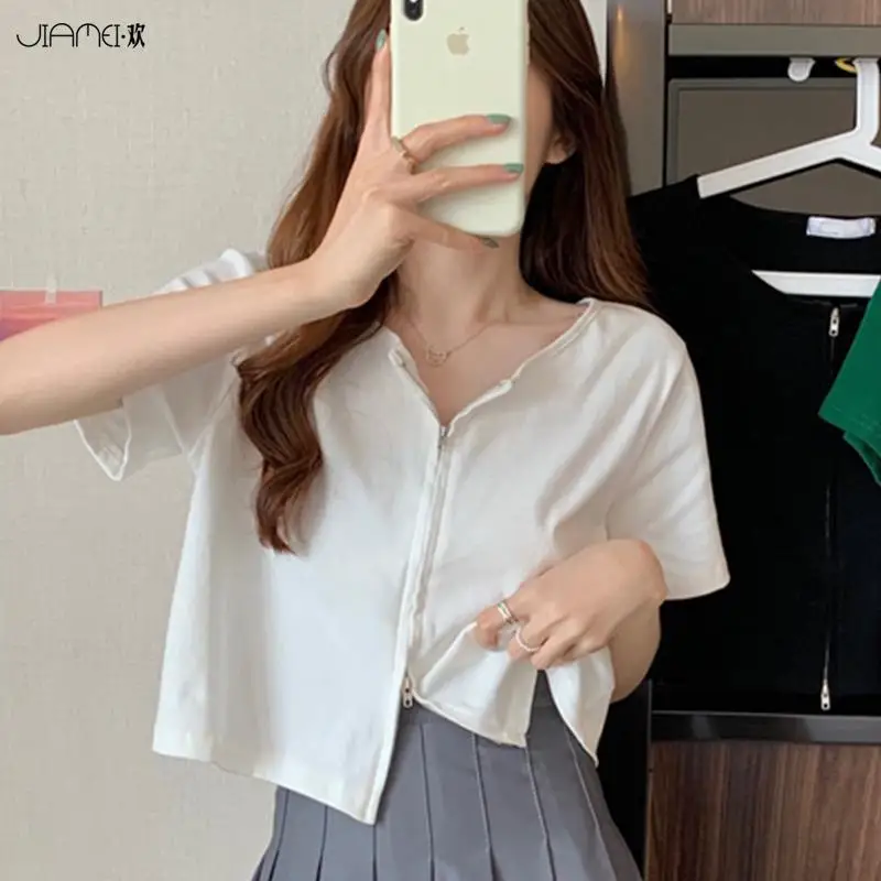 

Women's Crop Top Summer T-shirt Woman Pink White Plain Short Sleeve Tees Elegant Classy Offe Clothing Black New in Old Pulovers