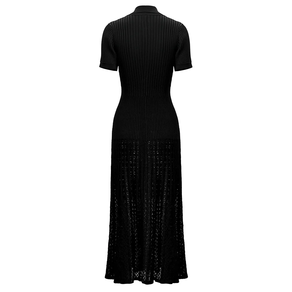 High Quality French Style Women Knitted Short Sleeve Single-breasted Polo Neck Ladies Fit And Flared Maxi Long Solid Dresses