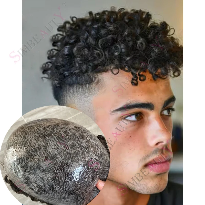 Rambut palsu Afro Curly 15mm untuk pria botak, transparan PU, wig rambut palsu hitam pria, 100% rambut manusia, sistem pengganti rambut cokelat