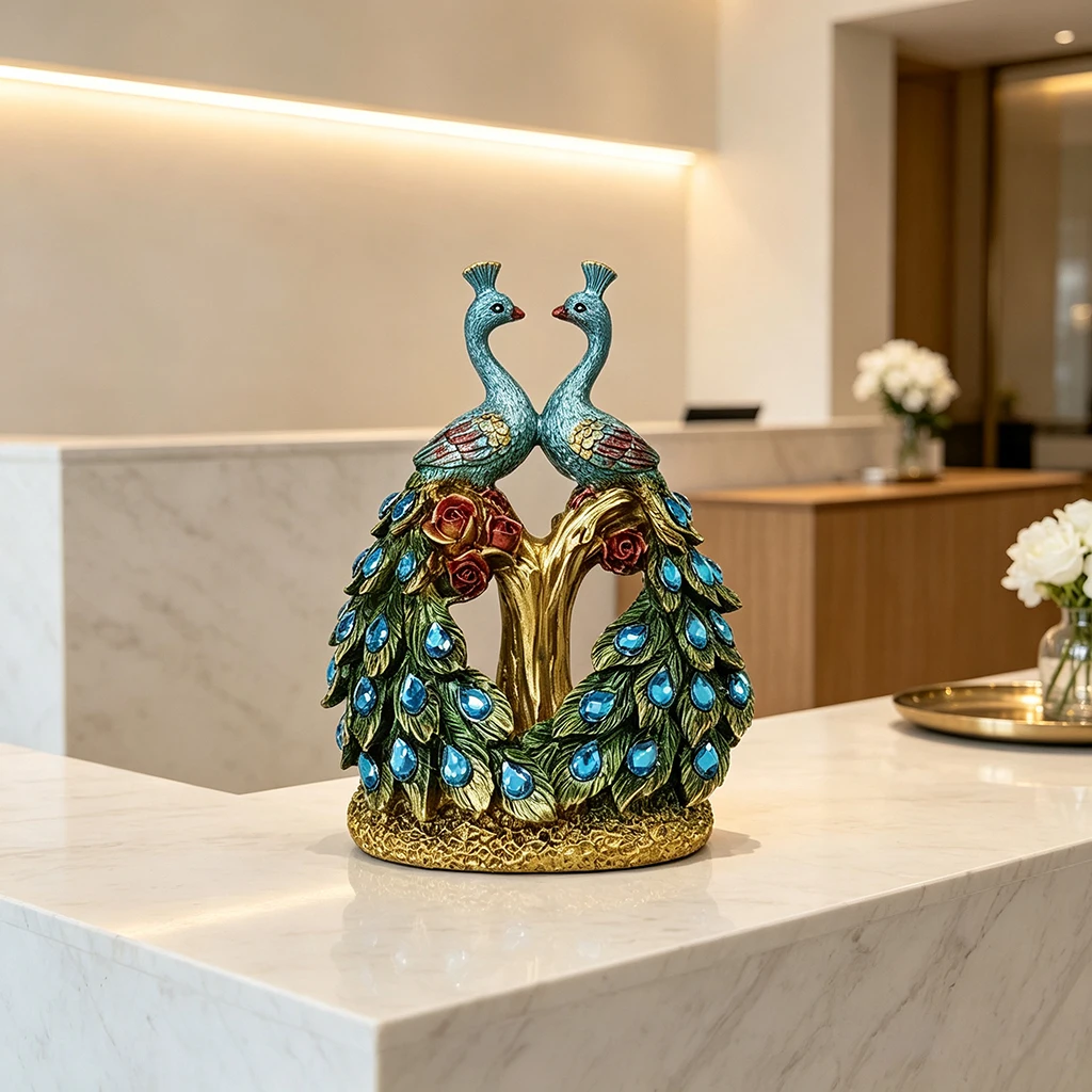Luxury Peacock Couple Statue Resin Figurine Home Decor Blue Green Gold Animal Ornament Romantic Desk Shelf Decoration Gift