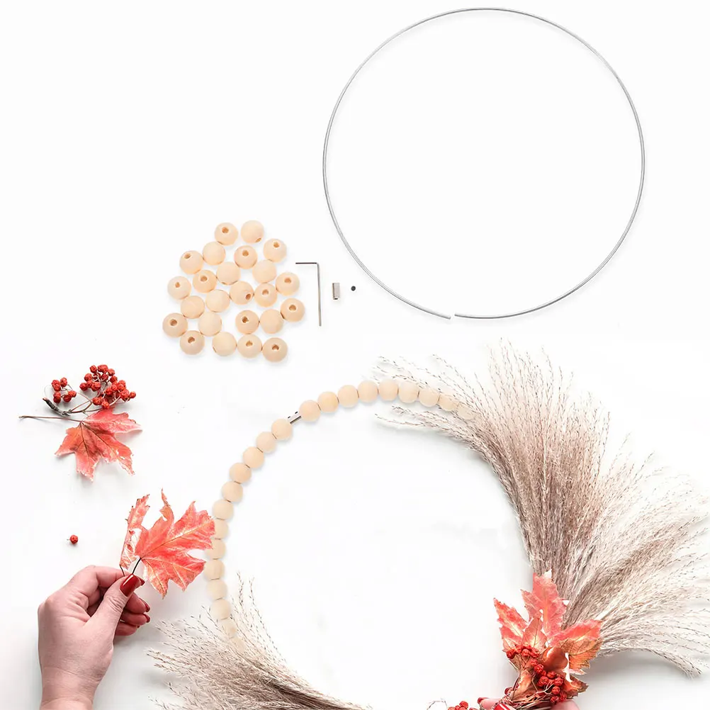 

2PCS Wooden Beads Decorative Wall Hangings Bedroom DIY Dreamcatcher Base Wreath Metal Hoop Set Home