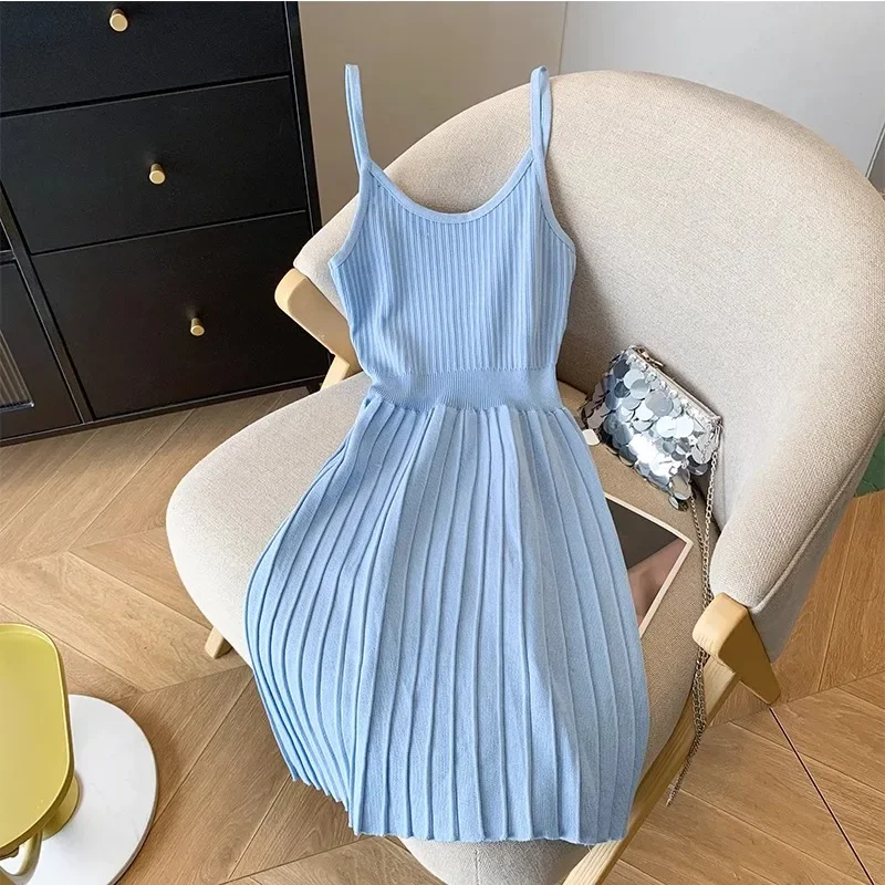 

Women Dress 2025 New Korean Fashion Slim Waist Pleated Spaghetti Strap Knitted Dress Vintage Y2K Streetwear Outfits
