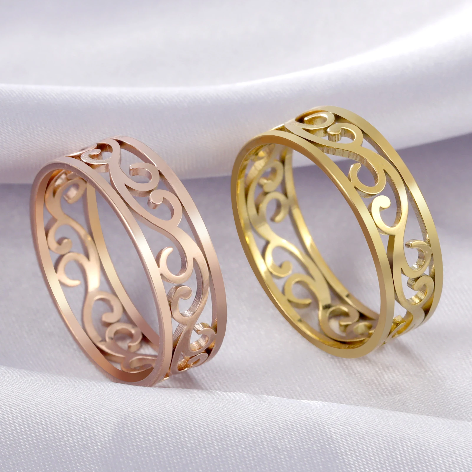 COOLTIME Filigree Flower Rings for Women Stainless Steel Romantic Couple Finger Rings Trend Birthday Jewelry Gift New in