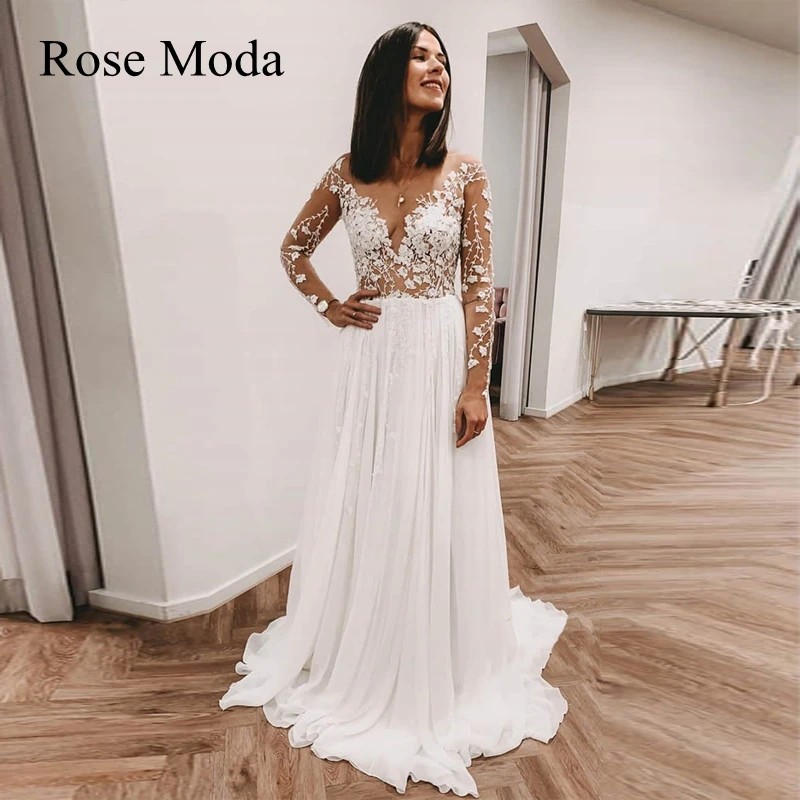 Rose Moda Backless Long Lace Sleeves Chiffon Wedding Dress Destination Bridal Gown Custom Make