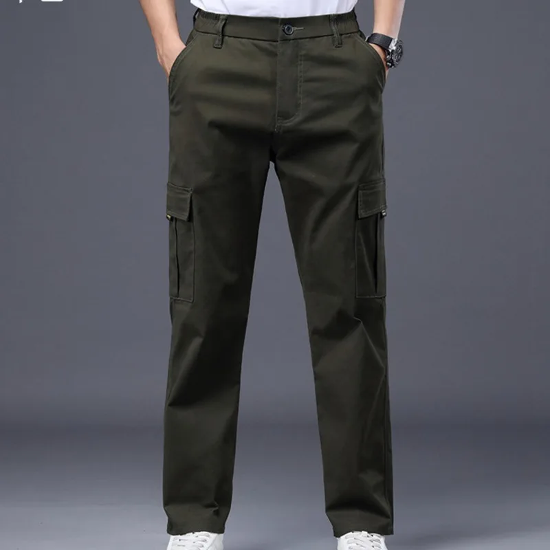 Four Seasons ใหม่ผ้าฝ้ายยืดกางเกงทํางานผู้ชายหลวมตรงเอวยางยืดสบายๆหลายกระเป๋ากางเกง