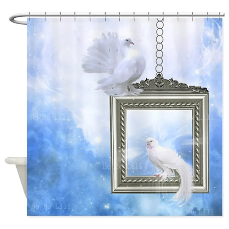 

Noble Pure White Dove Of Peace Stands On A Silver Frame Against Glowing Blue Background Shower Curtain With Hooks