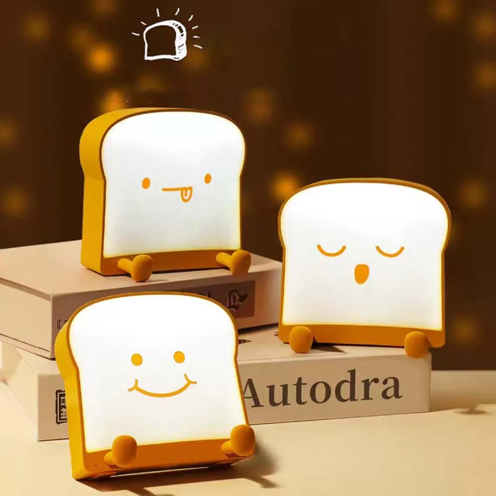 Cartoon Toast Bread LED Night Lights Touch Sensor USB Rechargeable Mobile Phone Holder Silicone Bedroom Desktop Decor Lamp Gifts